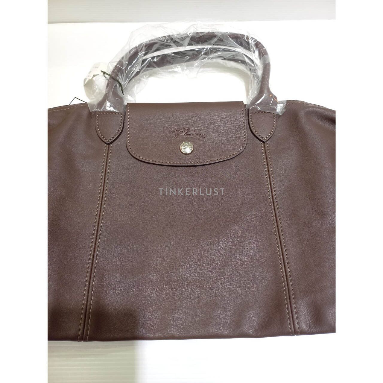 tas satchel Longchamp Cuir Le Pliage Full Leather Coffee Medium Satchel Tinkerlust